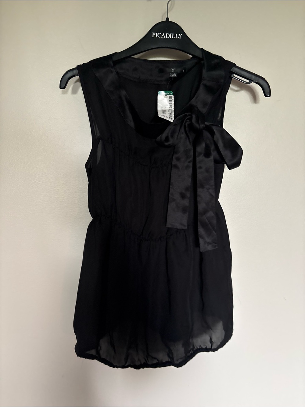 NWT- Teenflo 100% Silk Black Satin Bow-Trim Sleeveless Camisole